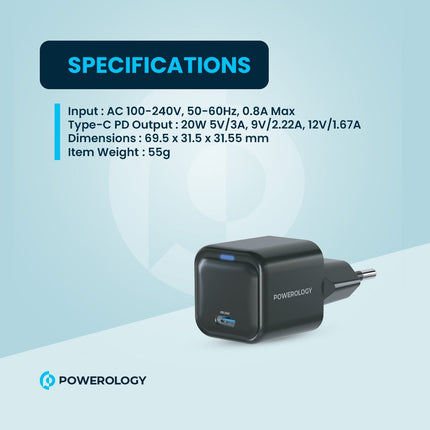 Powerology Ultra-Compact 20W GaN Charger - Single USB-C PD Port with EU Plug - Black