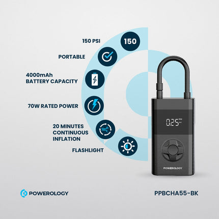 Powerology Ultra-Portable Air Compressor and Power Bank - Black