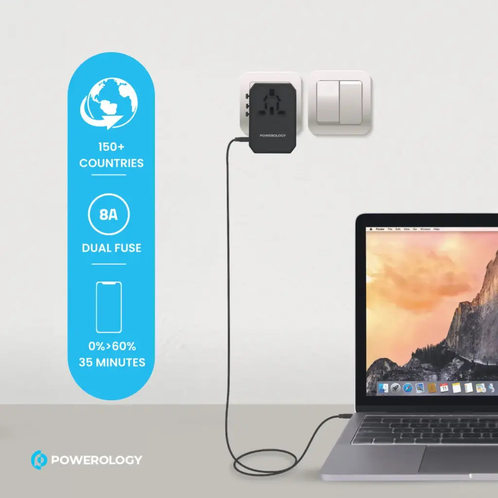 شاحن سفر عالمي من باورولوجي (Powerology) مع 3 منافذ USB-A شاحن سفر عالمي من باورولوجي (Powerology) مع 3 منافذ USB-A