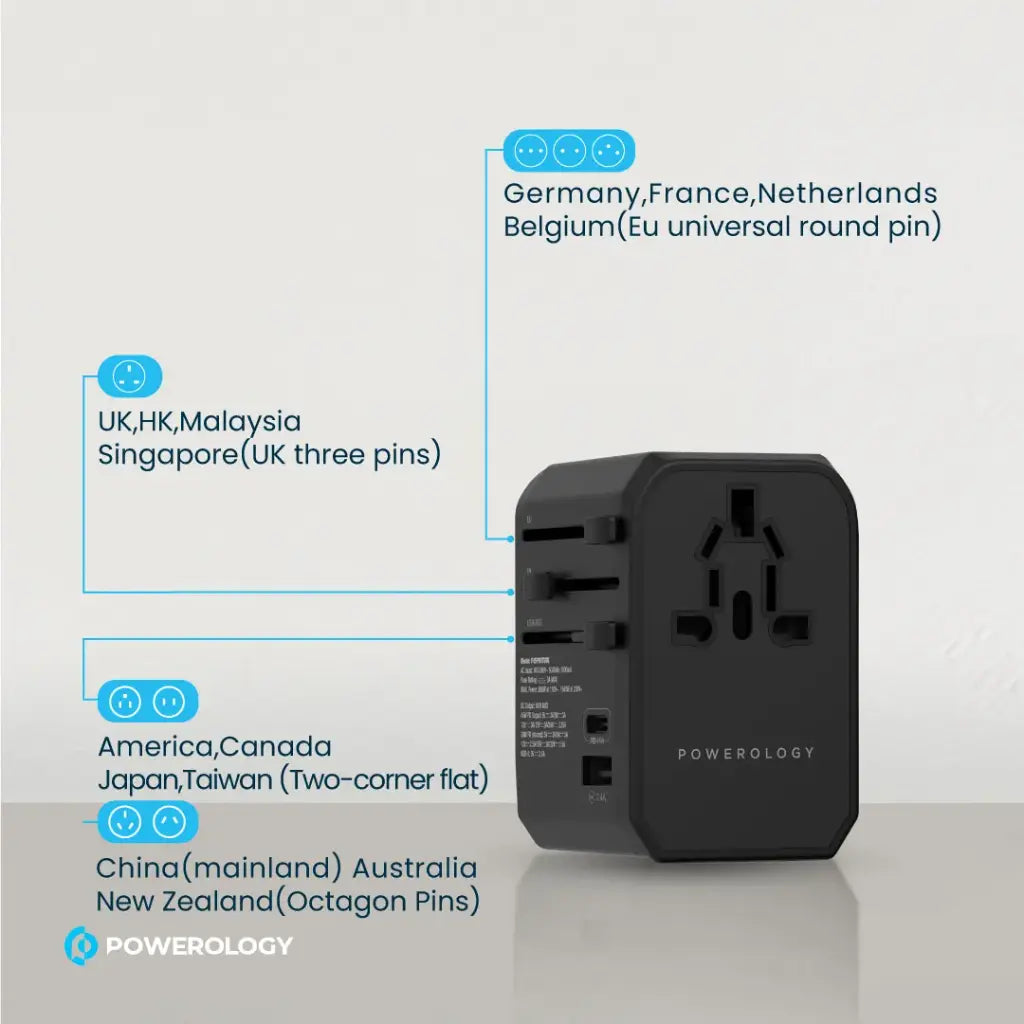 شاحن سفر عالمي من باورولوجي (Powerology) مع 3 منافذ USB-A شاحن سفر عالمي من باورولوجي (Powerology) مع 3 منافذ USB-A