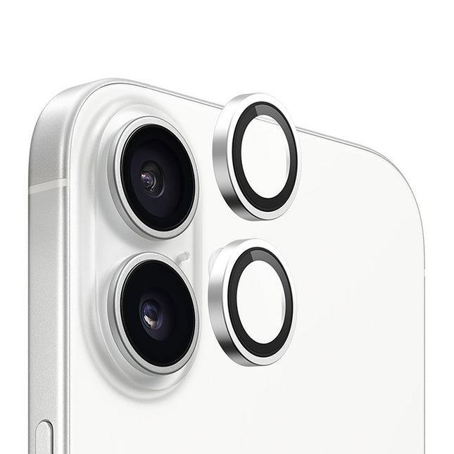 واقي عدسة زجاجي بإطار معدني أصلي من BLUEO NPB28 (قطعتان/عبوة) لهاتف iPhone 16/16 Plus - فضي