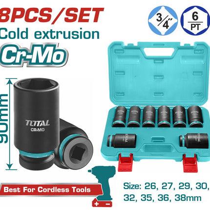 Total THKISD34082L | 3/4" Deep Impact Socket Set – 8 Pcs (26-38mm)
