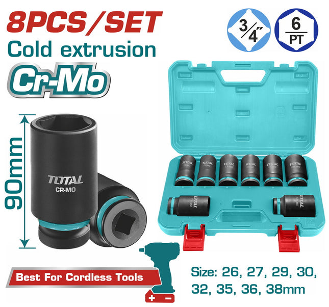 Total THKISD34082L | 3/4" Deep Impact Socket Set – 8 Pcs (26-38mm)