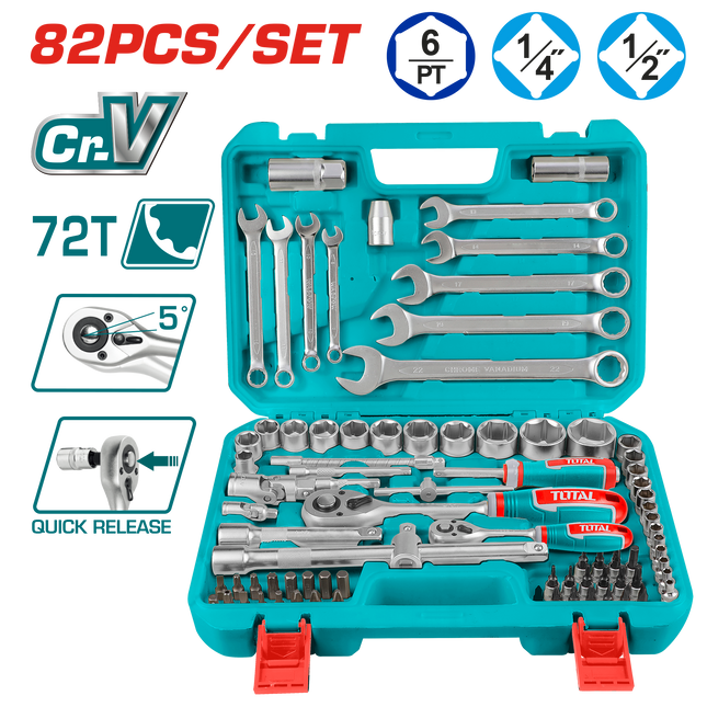 Total THT421802   82-Piece 1/4" + 1/2" Socket & Combination Wrench Set