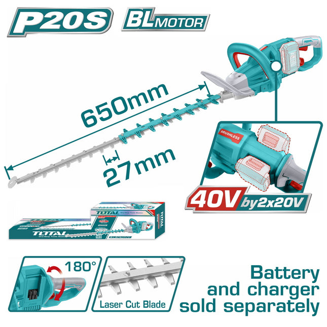 Total THTLI40028 | 40V Cordless Hedge Trimmer 65 cm – Tool Only 