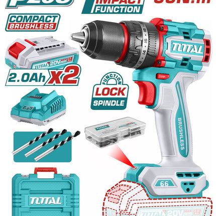 دريل شحن ومطرقة (إمباكت) توتال (TOTAL) موديل TIDLI20668E احترافي - 20 فولت - عزم 66 نيوتن متر - محرك بروشليس (بدون فحمات) - يشمل بطاريتين 2.0Ah وشاحن سريع