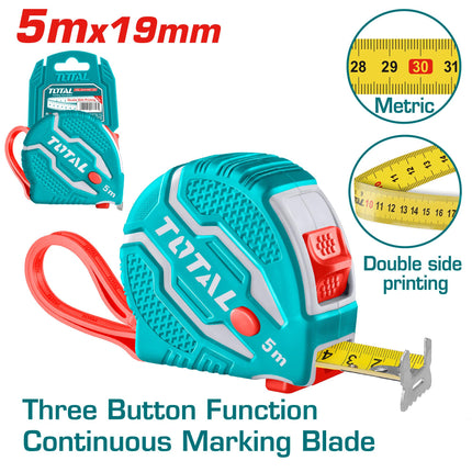 Total TMT126051M Steel Measuring Tape 5m x 19mm – Slim Rubber Design