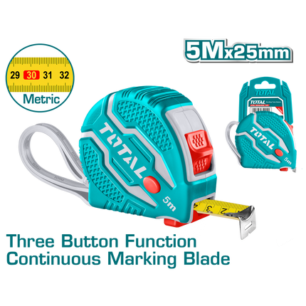 Total TMT126052M  Steel Measuring Tape 5m x 25mm – Heavy-Duty Rubber Design