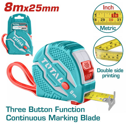 Total TMT126081M Steel Measuring Tape 8m x 25mm – Rubber-Coated Case