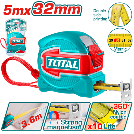 Total TMT80532M Steel Measuring Tape 5m x 32mm – Extra Heavy-Duty, 3.6m Standout