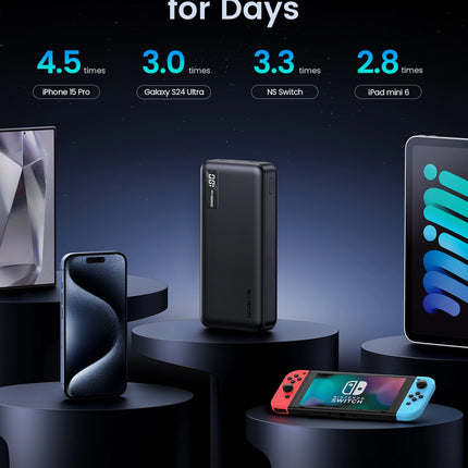 بنك طاقة يوجرين (UGREEN) بسعة 20,000 مللي أمبير - شحن سريع ثنائي الاتجاه بقوة 20 واط - منافذ USB-C و USB-A مزدوجة - أسود