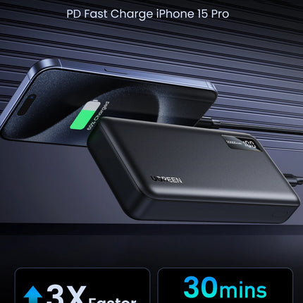 بنك طاقة يوجرين (UGREEN) بسعة 20,000 مللي أمبير - شحن سريع ثنائي الاتجاه بقوة 20 واط - منافذ USB-C و USB-A مزدوجة - أسود