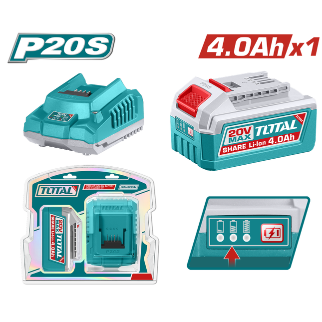 بكج توتال (Total P20S) بطارية ليثيوم آيون 4.0Ah مع شاحن سريع – موديل TFBCPK1012
