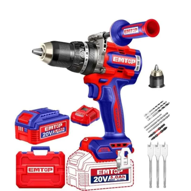 Emtop 20V Cordless Impact Drill - 13mm Keyless Chuck, 2-Speed Gearbox with Battery & Charger