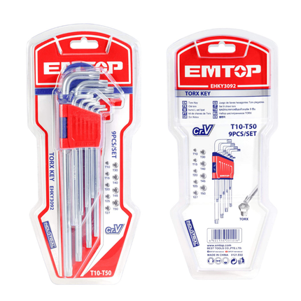 طقم مفاتيح توركس (نجمة) إمتوب (Emtop) 9 قطع – فولاذ Cr-V ذراع طويل (قياسات T10-T50)