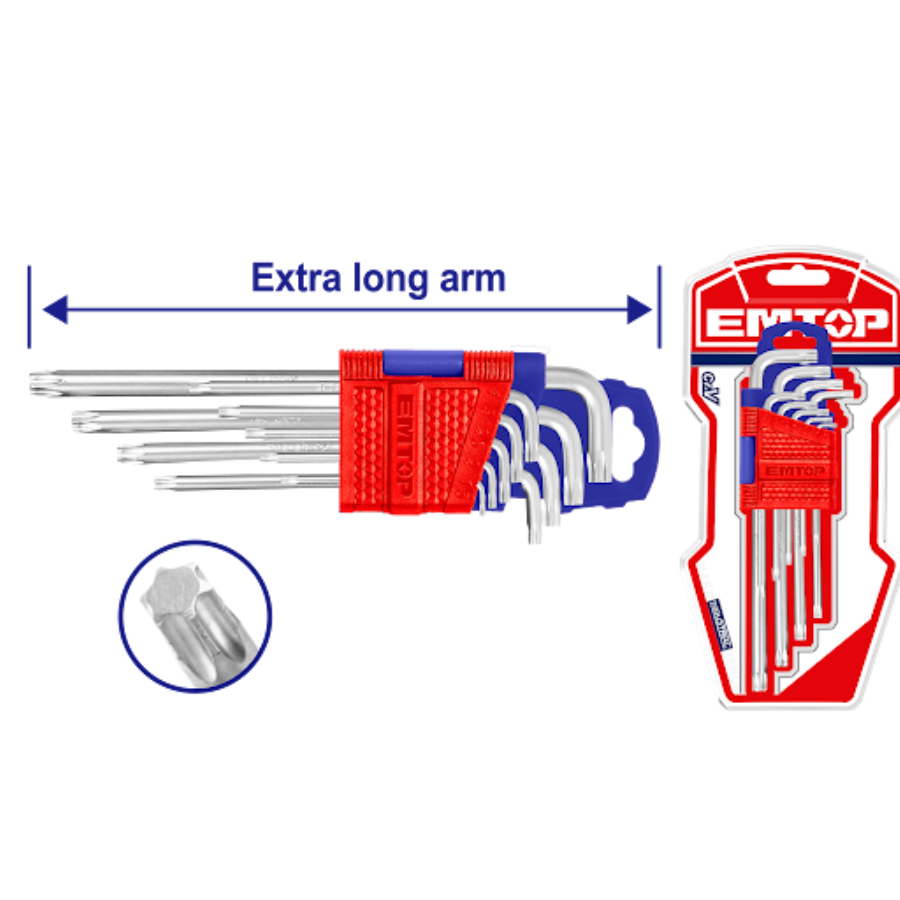 Emtop 9-Piece Long Arm Torx Key Set (T10-T50) - Chrome Vanadium Steel with Practical Holder