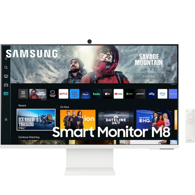 شاشة سامسونج M8 الذكية 32 بوصة - دقة 4K UHD، كاميرا SlimFit مغناطيسية، نظام Tizen OS، منفذ USB-C بشحن 65 واط، قاعدة مريحة قابلة للتعديل