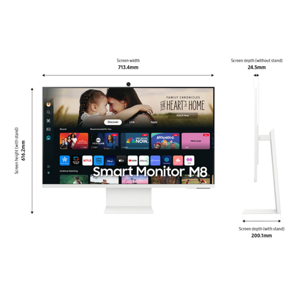 شاشة سامسونج M8 الذكية 32 بوصة - دقة 4K UHD، كاميرا SlimFit مغناطيسية، نظام Tizen OS، منفذ USB-C بشحن 65 واط، قاعدة مريحة قابلة للتعديل