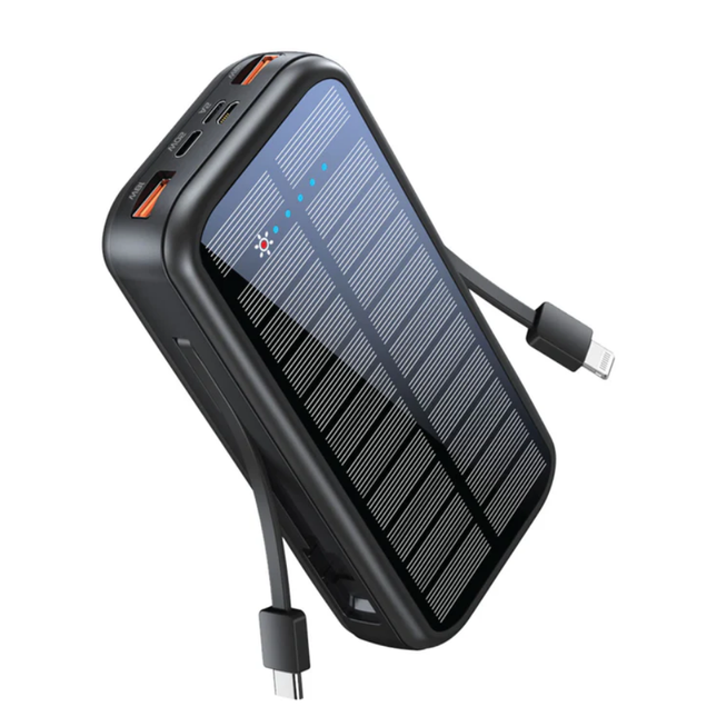 بنك طاقة بروميت SolarTank-20PDCI - سعة 20,000 مللي أمبير، شحن شمسي، كوابل مدمجة (USB-C وLightning)، وقوة 20 واط PD