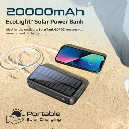 Promate SolarTank-20PDCI Power Bank - 20,000mAh, Solar Charging, Built-in USB-C & Lightning Cables, 20W Power Delivery