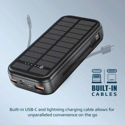 Promate SolarTank-20PDCI Power Bank - 20,000mAh, Solar Charging, Built-in USB-C & Lightning Cables, 20W Power Delivery