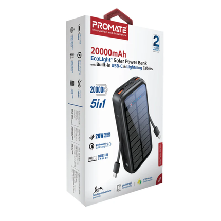 Promate SolarTank-20PDCI Power Bank - 20,000mAh, Solar Charging, Built-in USB-C & Lightning Cables, 20W Power Delivery