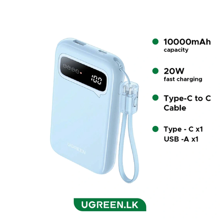 باور بانك يوجرين (Ugreen) سعة 10,000 مللي أمبير (PB522) - شحن سريع بقدرة 20 واط مع كابل USB-C