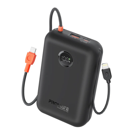 باور بانك Promate سعة 30,000 مللي أمبير - شحن فائق السرعة بقدرة 35 واط مع كابلات USB-C و Lightning مدمجة