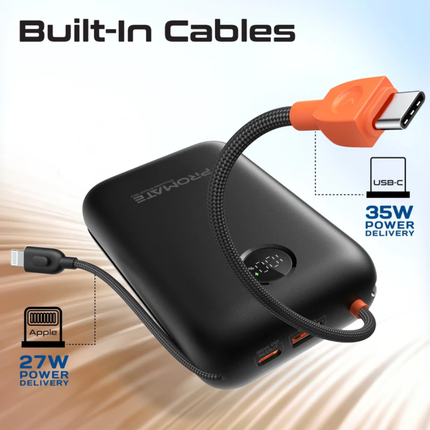 باور بانك Promate سعة 30,000 مللي أمبير - شحن فائق السرعة بقدرة 35 واط مع كابلات USB-C و Lightning مدمجة