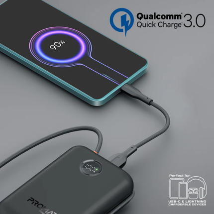 باور بانك Promate سعة 30,000 مللي أمبير - شحن فائق السرعة بقدرة 35 واط مع كابلات USB-C و Lightning مدمجة