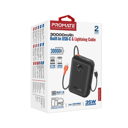 باور بانك Promate سعة 30,000 مللي أمبير - شحن فائق السرعة بقدرة 35 واط مع كابلات USB-C و Lightning مدمجة