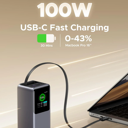 Ugreen Nexode 20,000mAh Power Bank (PB721) - 165W Total Output with Retractable USB-C Cable and Smart Display