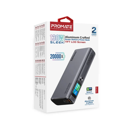 Promate Titan-130 20,000mAh Ultra-Slim Power Bank - 130W High-Speed Power Delivery with Smart TFT LCD Screen