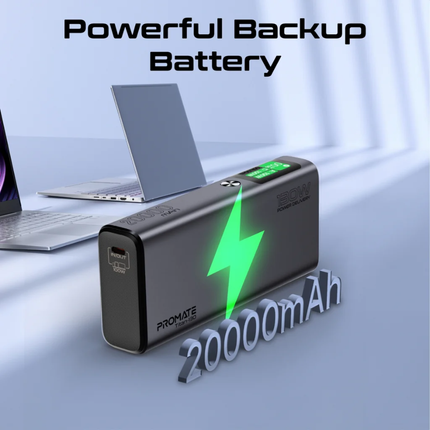Promate Titan-130 20,000mAh Ultra-Slim Power Bank - 130W High-Speed Power Delivery with Smart TFT LCD Screen