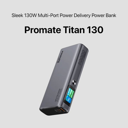 Promate Titan-130 20,000mAh Ultra-Slim Power Bank - 130W High-Speed Power Delivery with Smart TFT LCD Screen