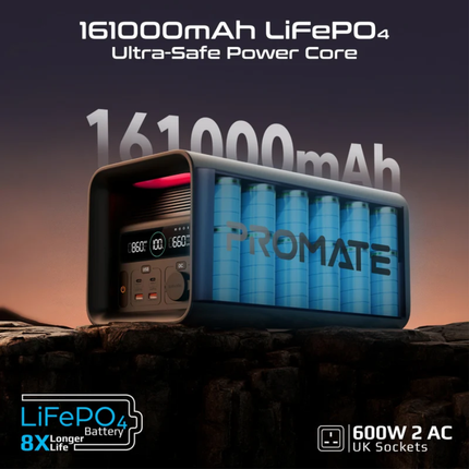 Promate PowerTank-600 600W Portable Power Bank - 161,000mAh LiFePO4 Battery with Wireless Charging
