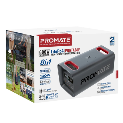 Promate PowerTank-600 600W Portable Power Bank - 161,000mAh LiFePO4 Battery with Wireless Charging