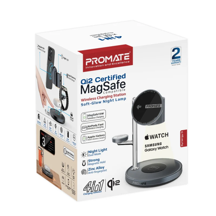 منصة شحن لاسلكي Promate Synergy راباعية (4 في 1) - تدعم MagSafe وبمعيار Qi2 مع إضاءة ليلية