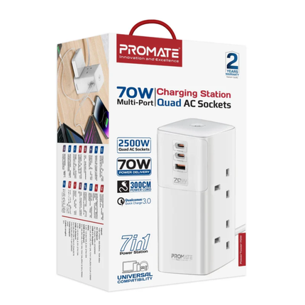 Promate PowerTower-70 70W Desktop Charging Station - Multi-Port Power Hub with 4 AC Outlets and Fast USB Charging