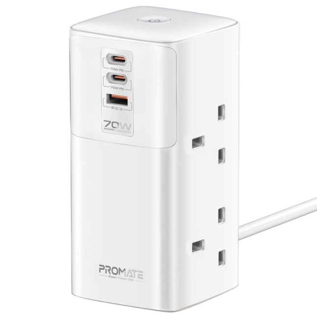 محطة شحن مكتبي Promate PowerTower-70 بقوة 70 واط - مشترك كهرباء عمودي بـ 4 مقابس ومنافذ USB سريعة