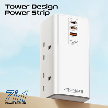 Promate PowerTower-70 70W Desktop Charging Station - Multi-Port Power Hub with 4 AC Outlets and Fast USB Charging