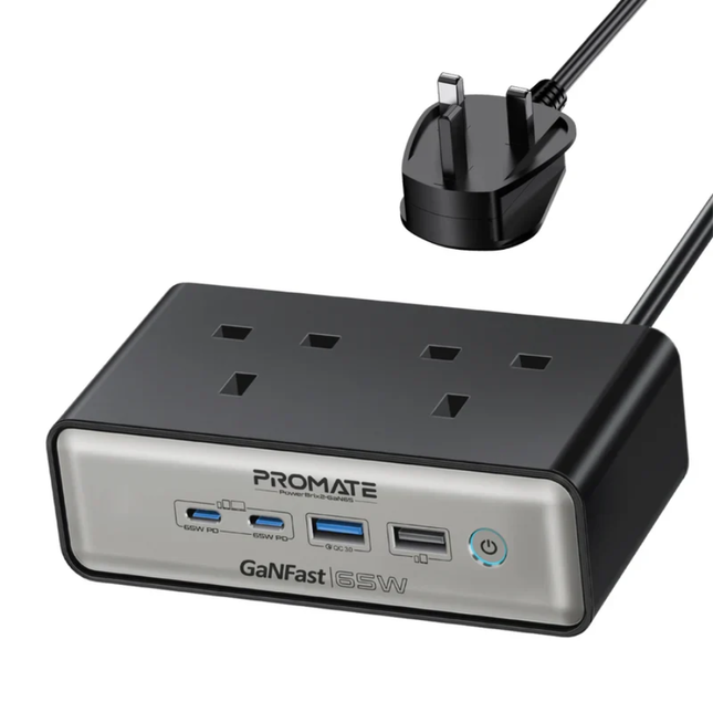 محطة شحن مكتبي Promate PowerBrix-2 بقوة 65 واط - مشترك كهرباء GaN مدمج بـ 3 مقابس ومنافذ USB-C سريعة
