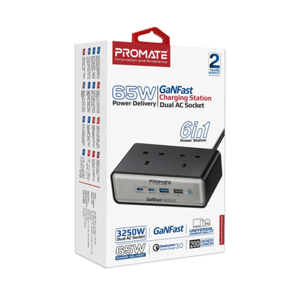 محطة شحن مكتبي Promate PowerBrix-2 بقوة 65 واط - مشترك كهرباء GaN مدمج بـ 3 مقابس ومنافذ USB-C سريعة