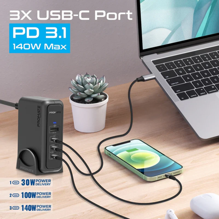 Promate GanPort-140 140W Super Speed GaN Charging Station - Ultra-Fast Power Delivery 3.1 with Multi-Port Hub