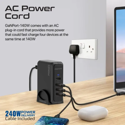 Promate GanPort-140 140W Super Speed GaN Charging Station - Ultra-Fast Power Delivery 3.1 with Multi-Port Hub
