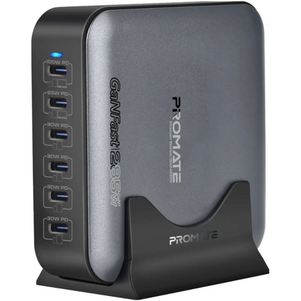 محطة شحن Promate PowerBase-GaN285 بقوة 285 واط - منصة GaN مكتبية بـ 6 منافذ وشحن سريع 100 واط