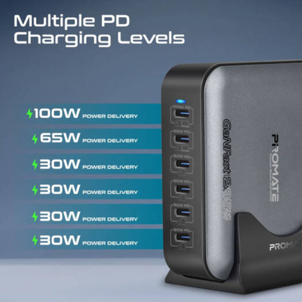 محطة شحن Promate PowerBase-GaN285 بقوة 285 واط - منصة GaN مكتبية بـ 6 منافذ وشحن سريع 100 واط