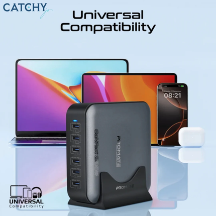 محطة شحن Promate PowerBase-GaN285 بقوة 285 واط - منصة GaN مكتبية بـ 6 منافذ وشحن سريع 100 واط