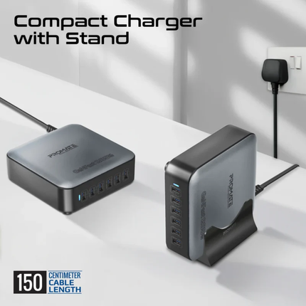 محطة شحن Promate PowerBase-GaN285 بقوة 285 واط - منصة GaN مكتبية بـ 6 منافذ وشحن سريع 100 واط