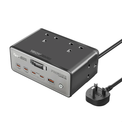 Promate PowerBrix-160 160W GaN Desktop Charging Station - High-Power Hub with 3 AC Outlets and 65W USB-C Power Delivery